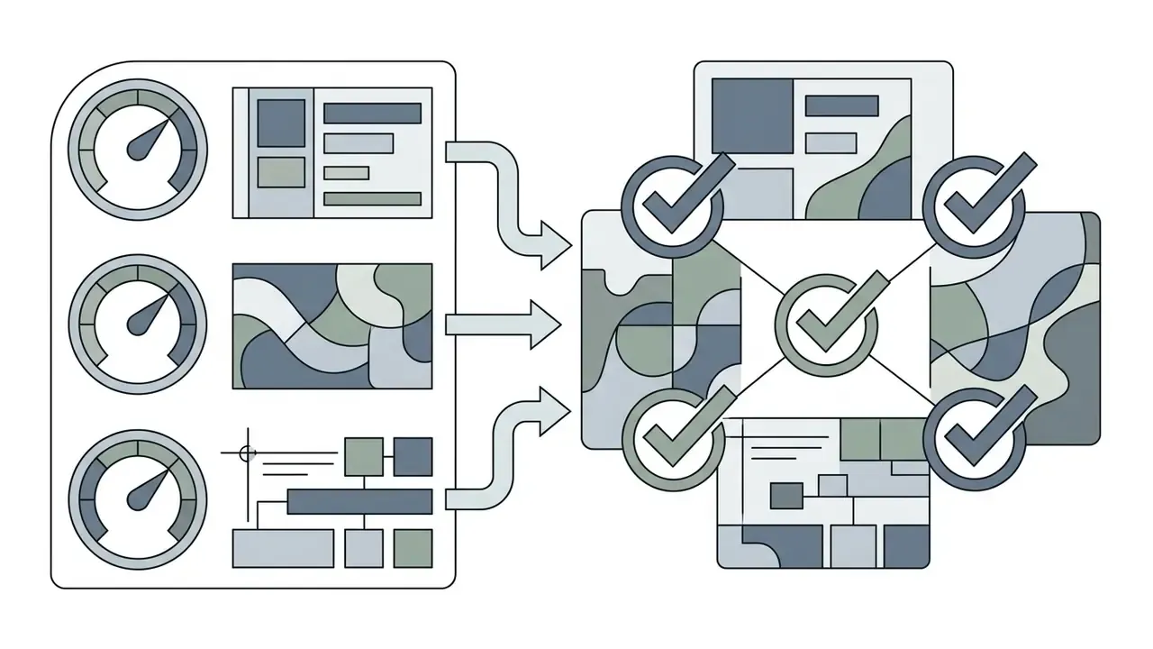 Control gauges and design patterns flowing into a central hub marked with verified checkmark icons
