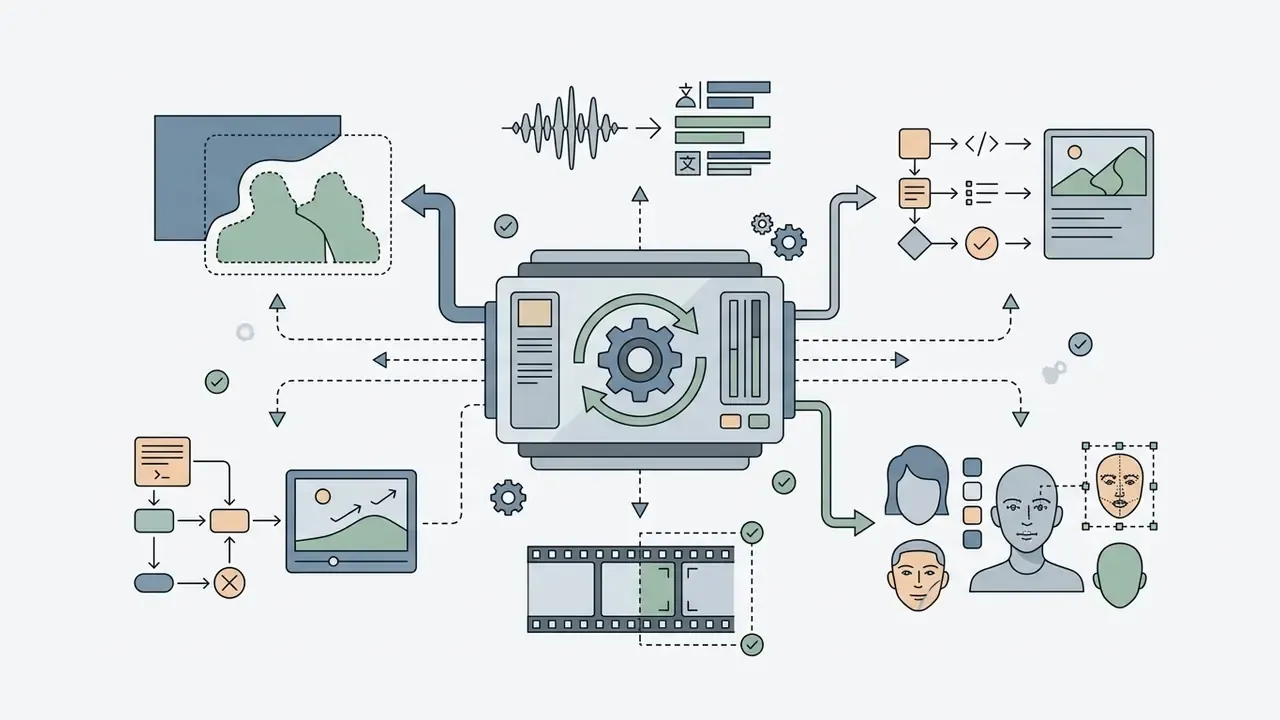 Central processor connecting to various icons representing audio, video editing, and AI avatar generation