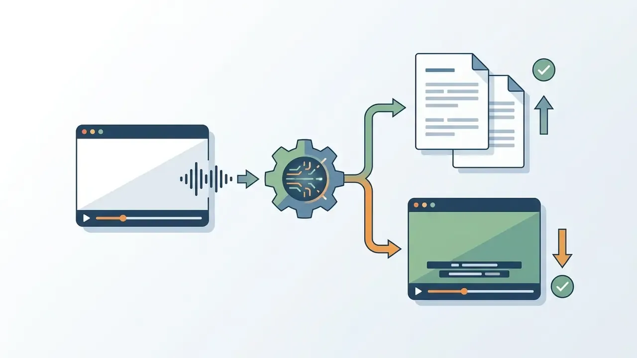 Diagram showing audio from a video being processed by an AI engine into text files or subtitled video