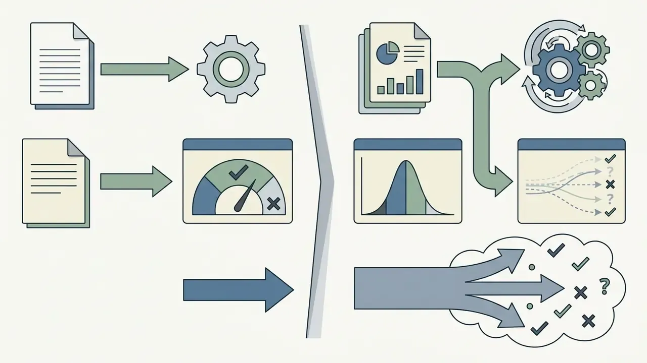 Split diagram showing data inputs processing through deterministic logic and probabilistic outcomes