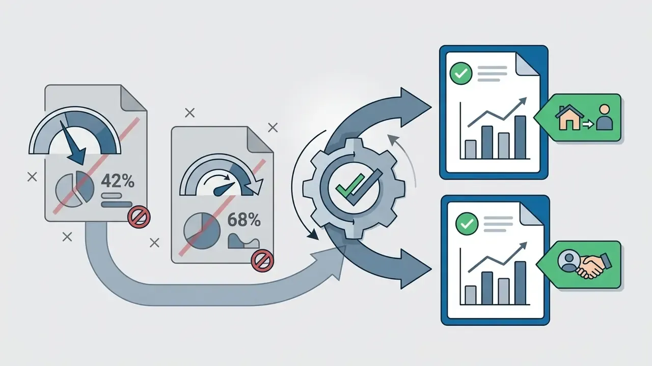 Outdated documents with crossed out metrics feeding into a central gear to produce updated report files