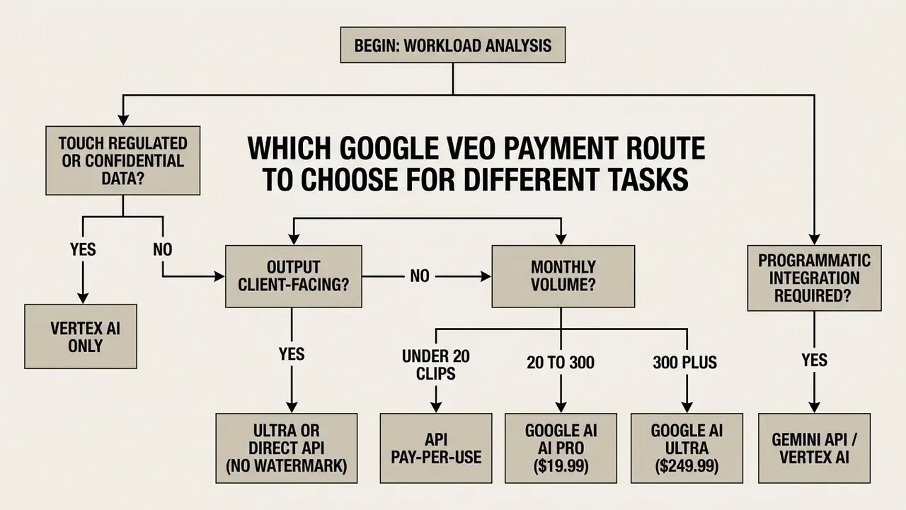 Decision flowchart for selecting a Google Veo payment route based on data, volume, and integration needs