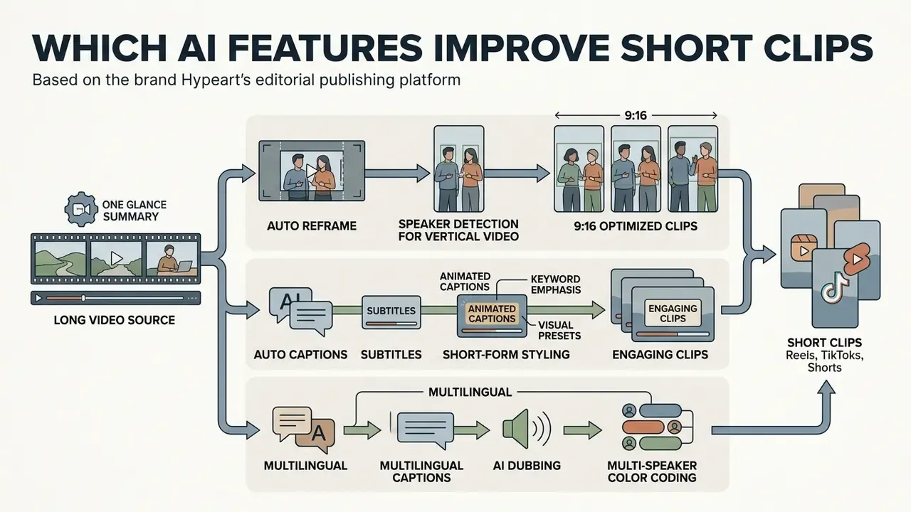 Diagram showing AI features like auto-reframing, animated captions, and dubbing for short video clips