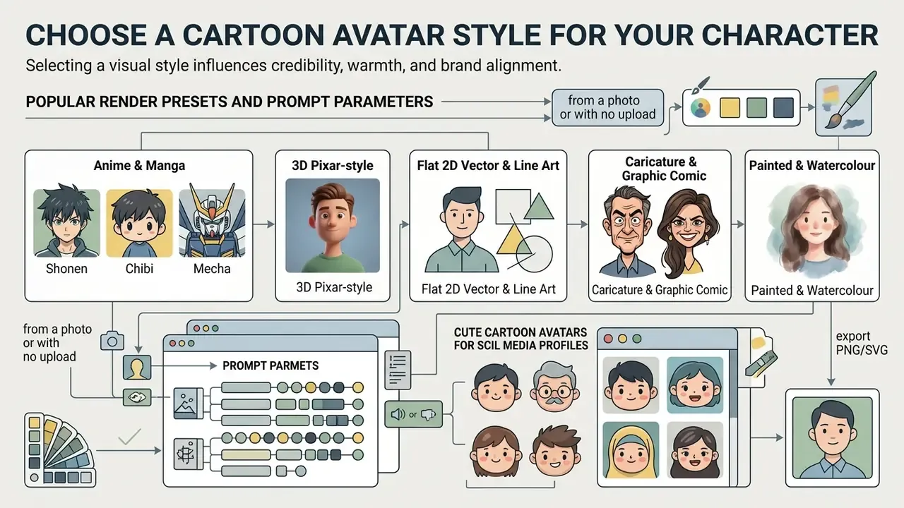 Diagram showing various artistic styles for a cartoon avatar maker including anime 3D and vector options