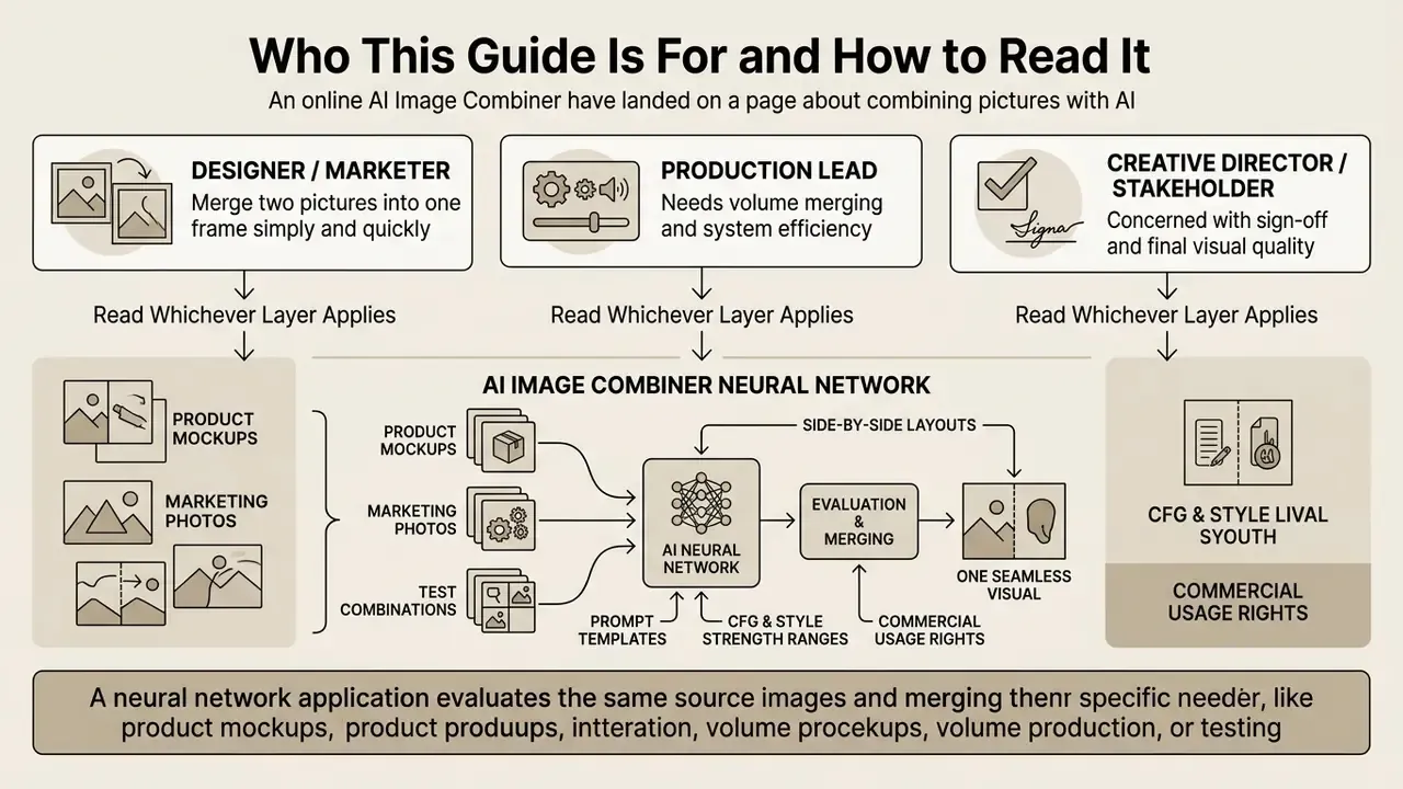 Flowchart showing three user roles and how an AI image combiner processes their specific source inputs