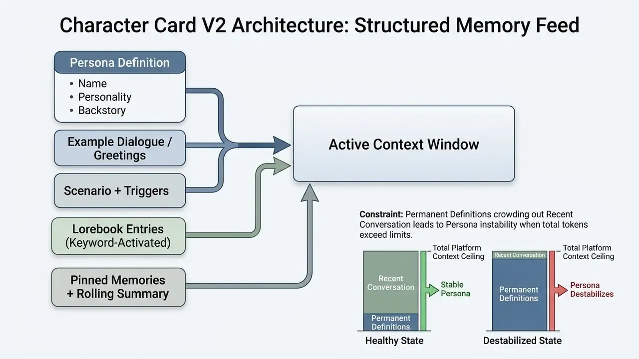 Diagram showing how character data feeds into an active context window and impacts token stability