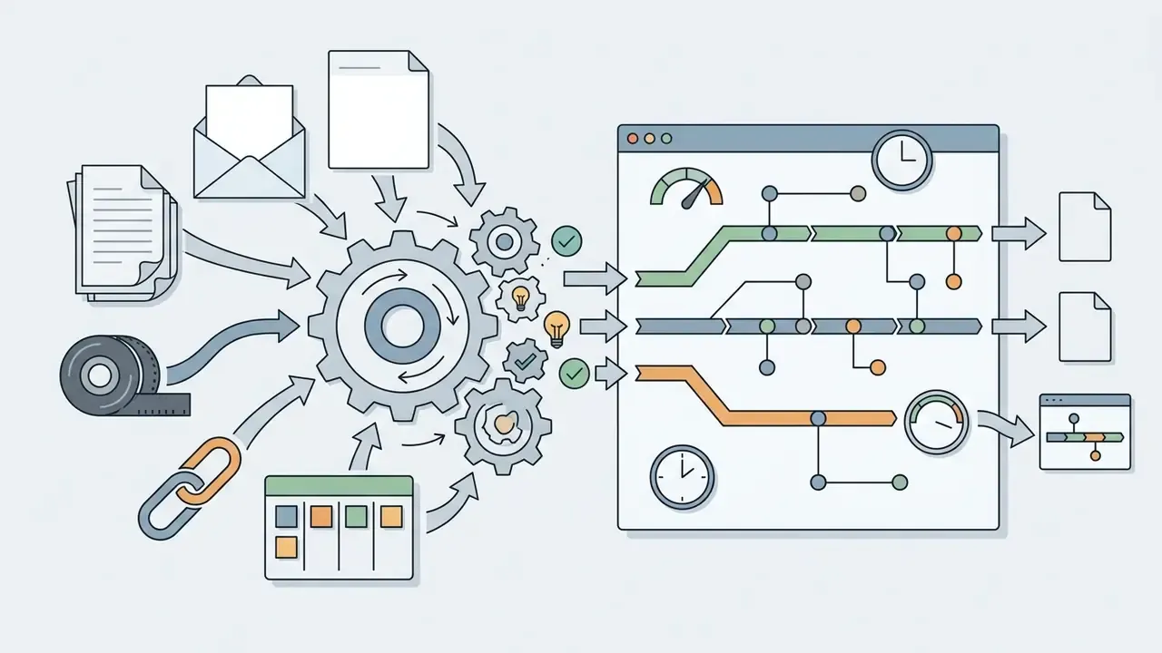 Text documents and digital assets feeding into a central gear system to generate a structured project view