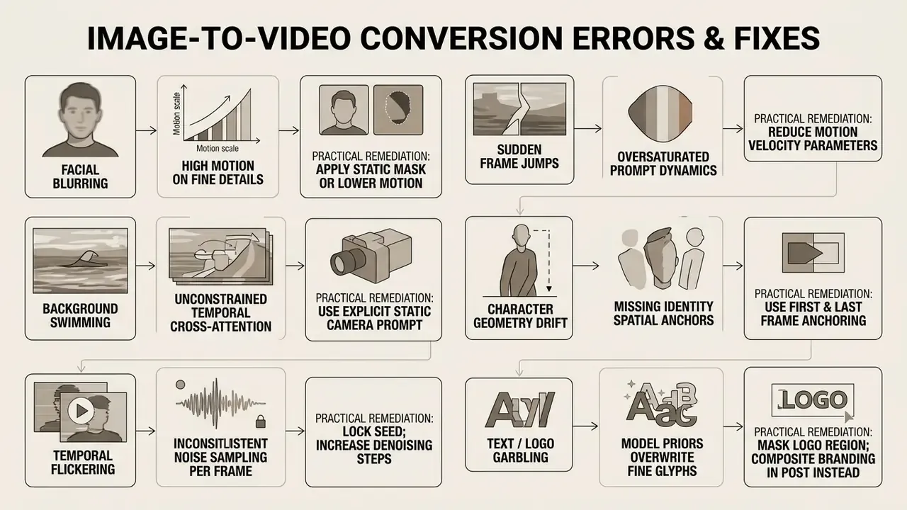 Flowchart mapping common generative video defects to their root causes and practical technical solutions