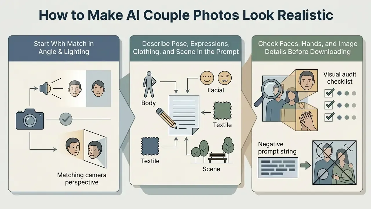 Three step guide for realistic AI couple photos covering lighting matching, prompt details, and auditing