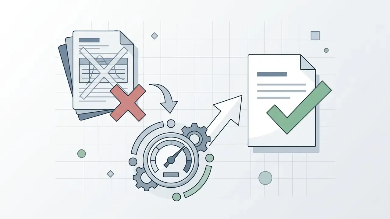 Stack of documents with an X mark being processed by a speed gauge into a single approved document
