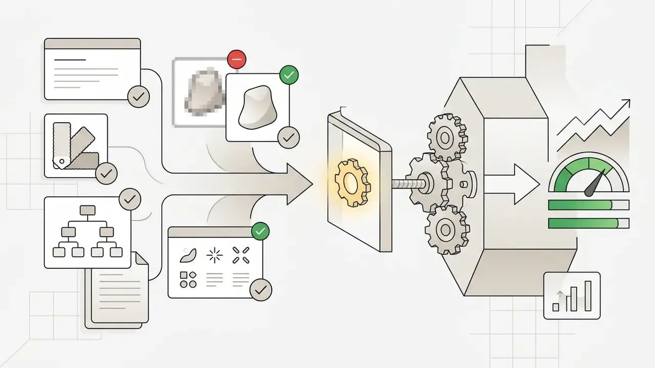 Product data and image assets feeding into a gear mechanism to produce optimized content and performance metrics