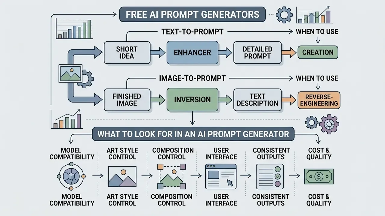 Flowchart comparing text-to-prompt and image-to-prompt workflows alongside key selection criteria