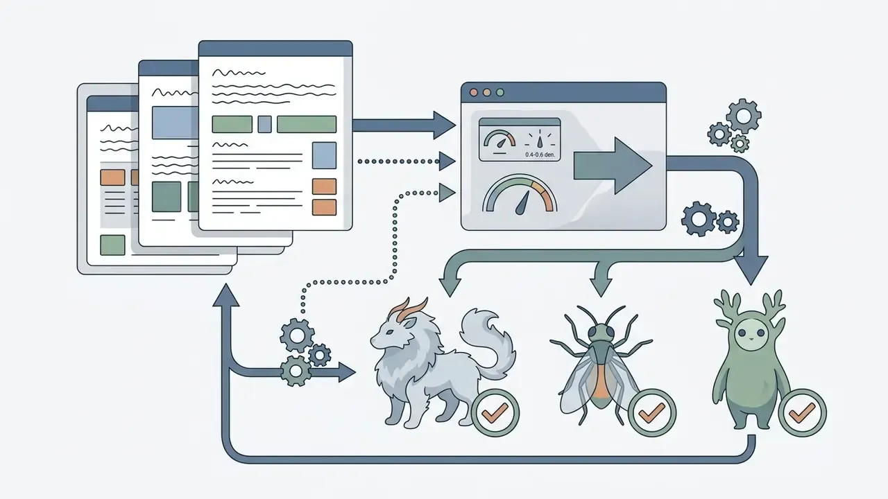 Stacked documents and gears feeding into a processing window that generates three unique creature icons