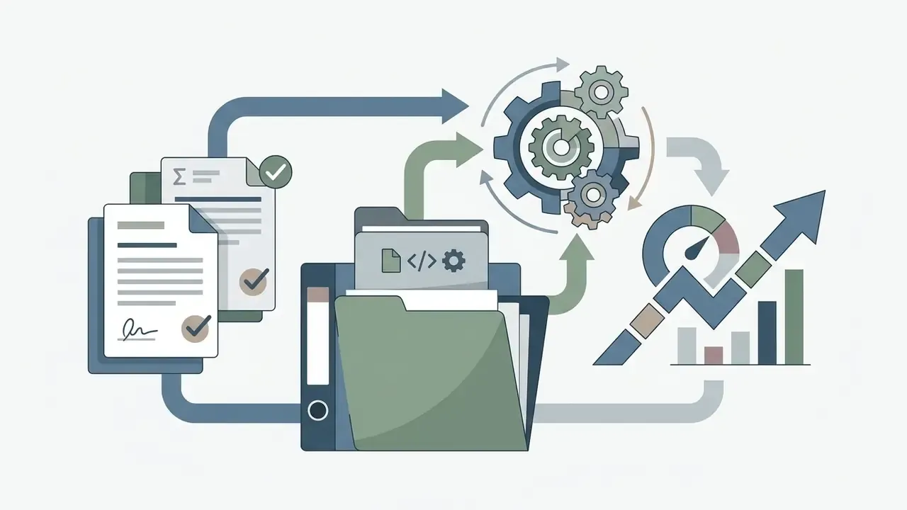 Signed documents flowing through a central folder into a gear mechanism and an upward trending performance chart