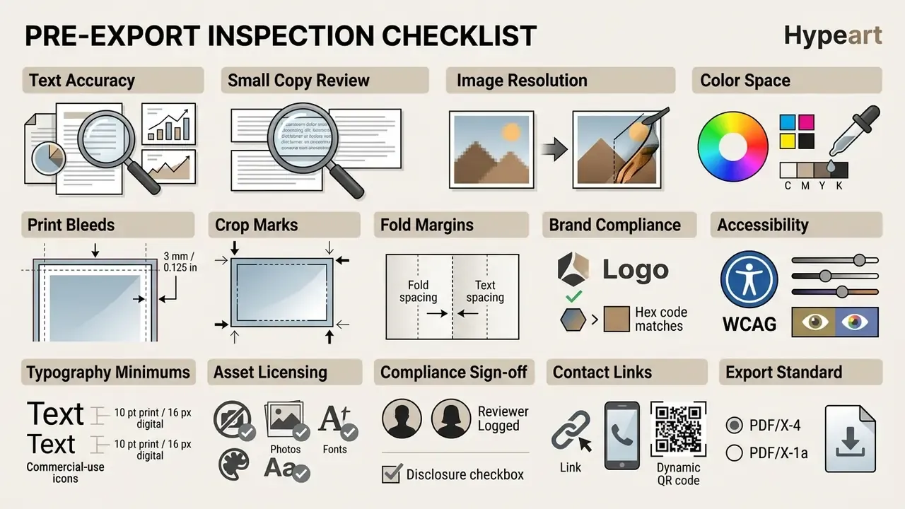 Grid of icons and labels detailing technical requirements for print and digital file preparation