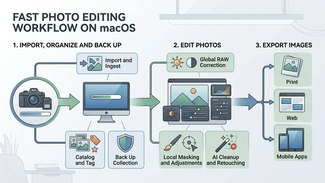 Process flow diagram showing steps to import, organize, edit, and export digital images on a computer
