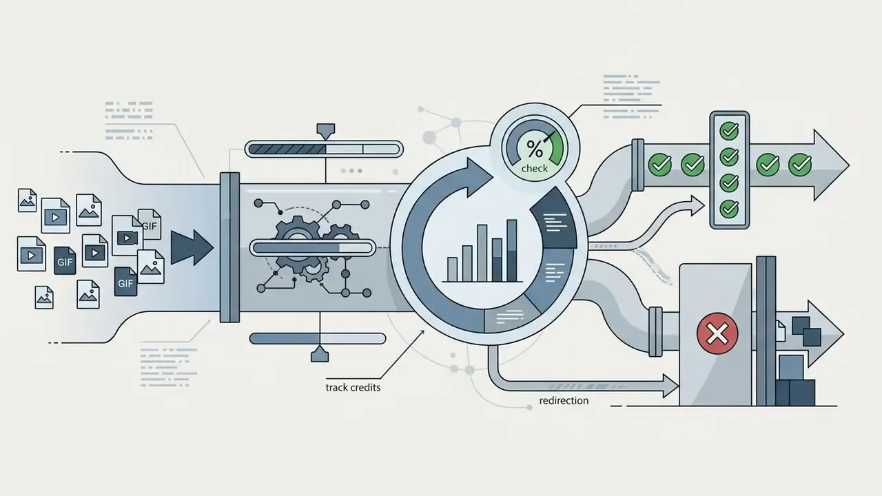 Pipeline showing media files processed through a central analysis hub with credit tracking and output filtering