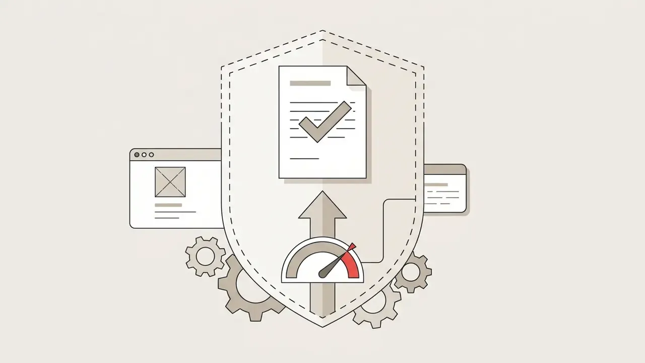 A shield icon containing a document with a checkmark and a speedometer gauge above mechanical gears