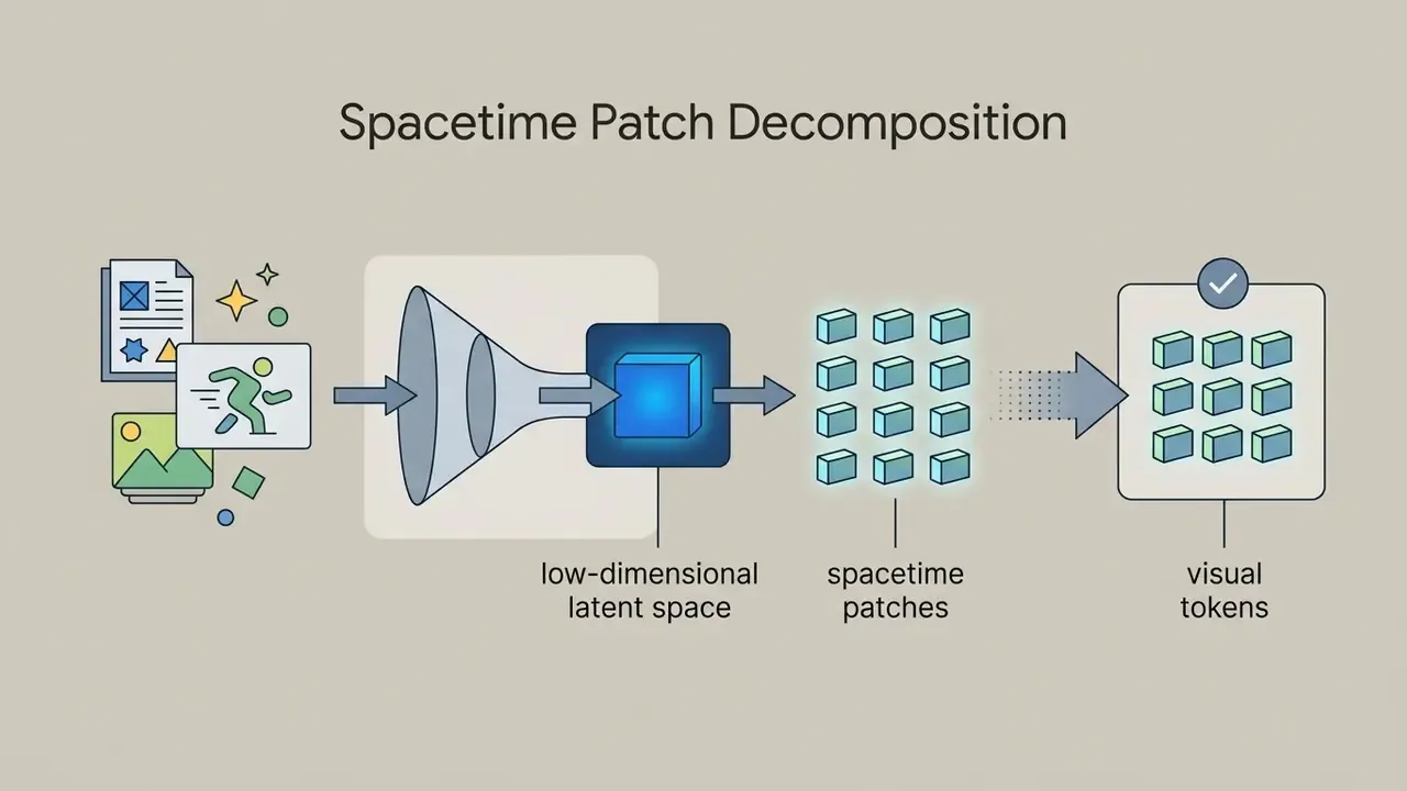 Diagram showing visual data compressed into a latent space and divided into spacetime patch tokens