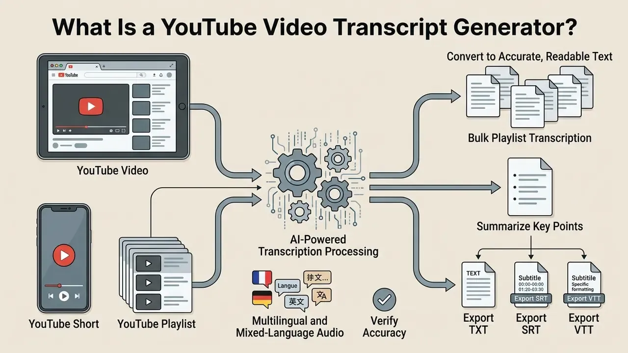 Infographic showing how AI processes YouTube video URLs into text transcripts and various export formats