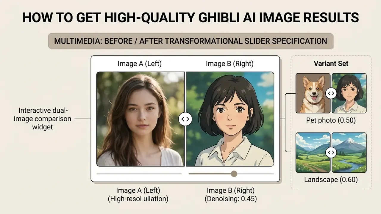 Interactive comparison slider showing a realistic portrait transforming into an animated style