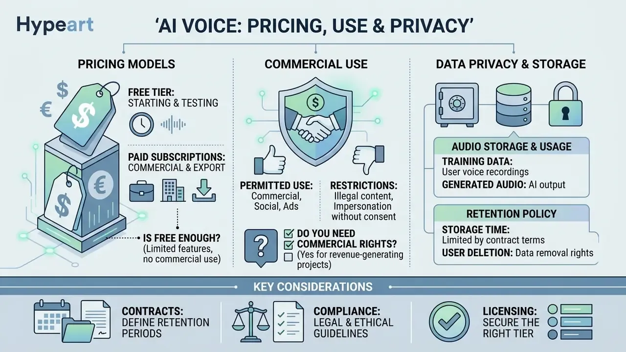 Summary of pricing models, commercial usage rights, and data privacy policies for synthetic speech tools