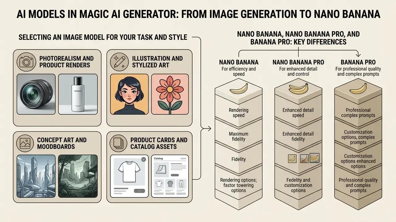 Comparison chart showing image model selection criteria and differences between Nano Banana model tiers