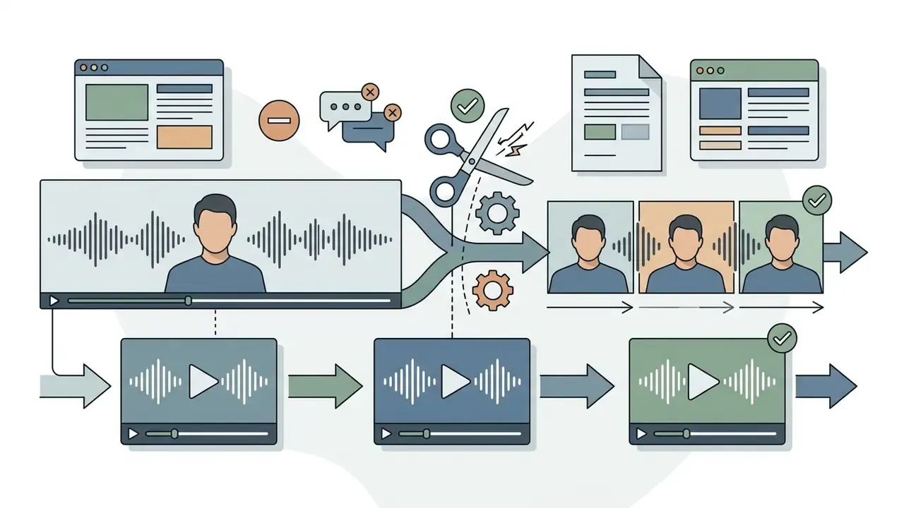 Diagram showing the process of trimming video clips and removing filler audio to create jump cuts