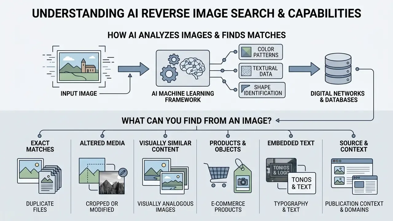 Diagram illustrating how AI reverse image search processes input images to identify various visual matches