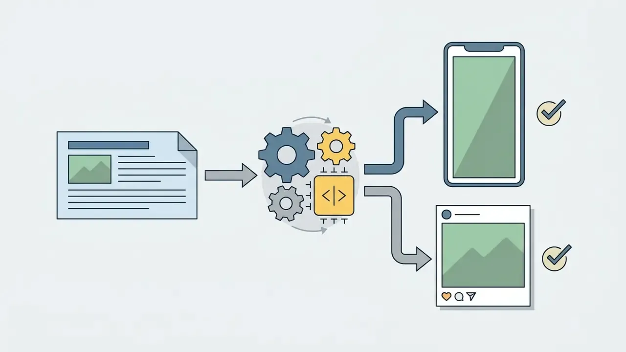 Document icon feeding into a gear mechanism that branches into mobile and square feed aspect ratio outputs