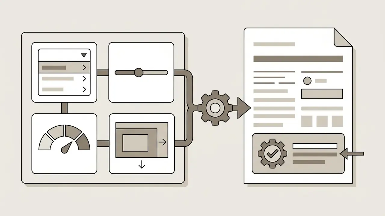 Control panel settings feeding into a gear icon that points to a document with metadata fields