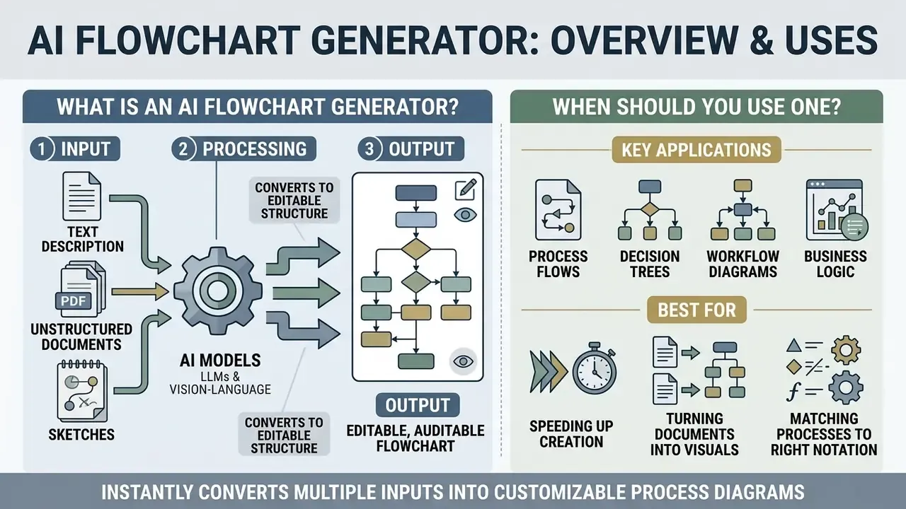 Infographic showing how an AI flowchart generator processes text and documents into editable diagrams
