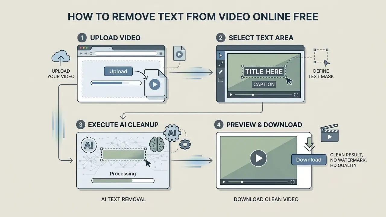 Four step workflow infographic demonstrating how to remove text from video online free using AI tools