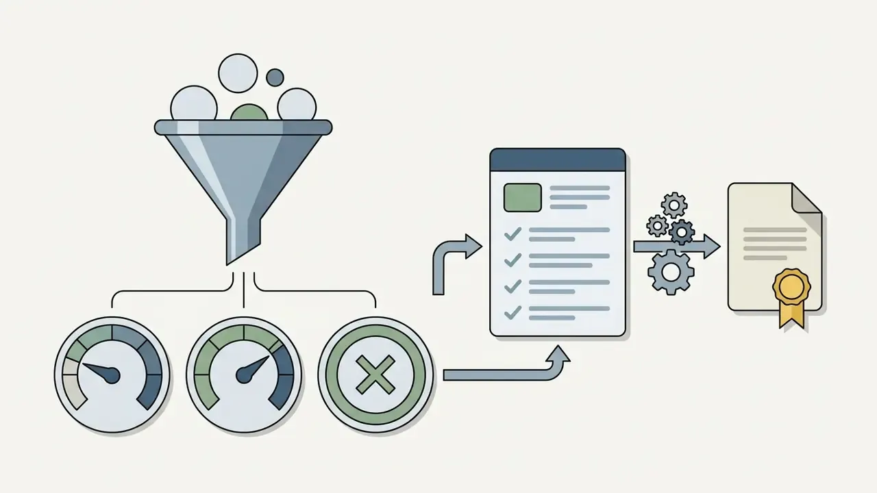 Funnel filtering data into gauges and a checklist that processes into a final certified document