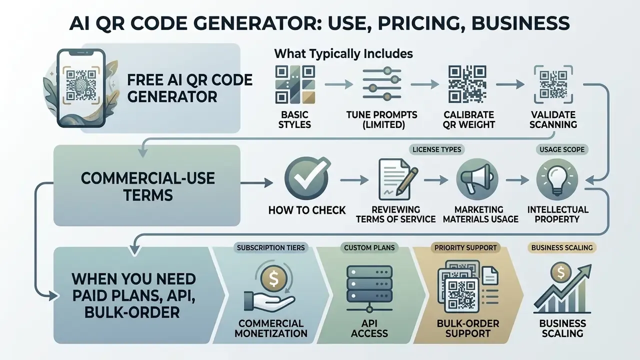 Flowchart outlining free tool features, commercial licensing steps, and requirements for paid subscriptions