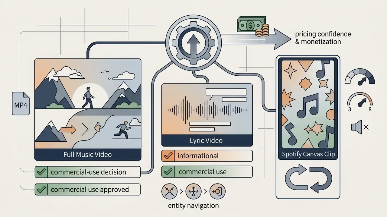 System processing full music videos and lyric content into vertical looping Spotify Canvas clips