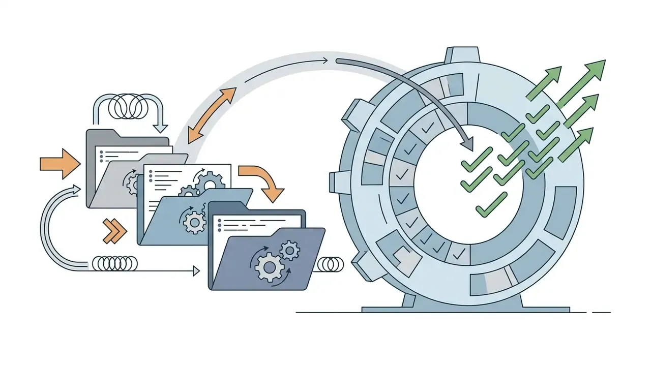Folders with gear icons moving into a circular processing mechanism that outputs green checkmarks