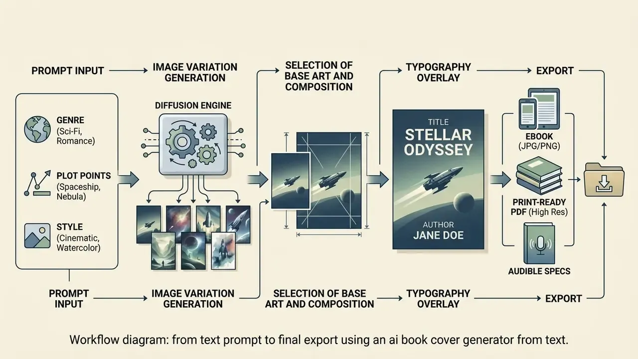 Step-by-step visual process of creating book covers from text prompts through to final file export