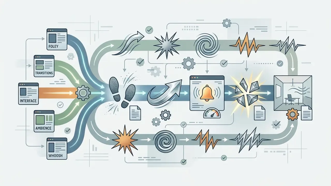 Category windows merging into a central path of audio symbols and gears toward a room tone frame