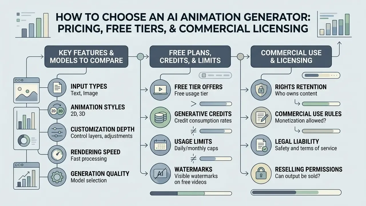 Comparison flowchart outlining key features, free plan structures, and commercial licensing considerations