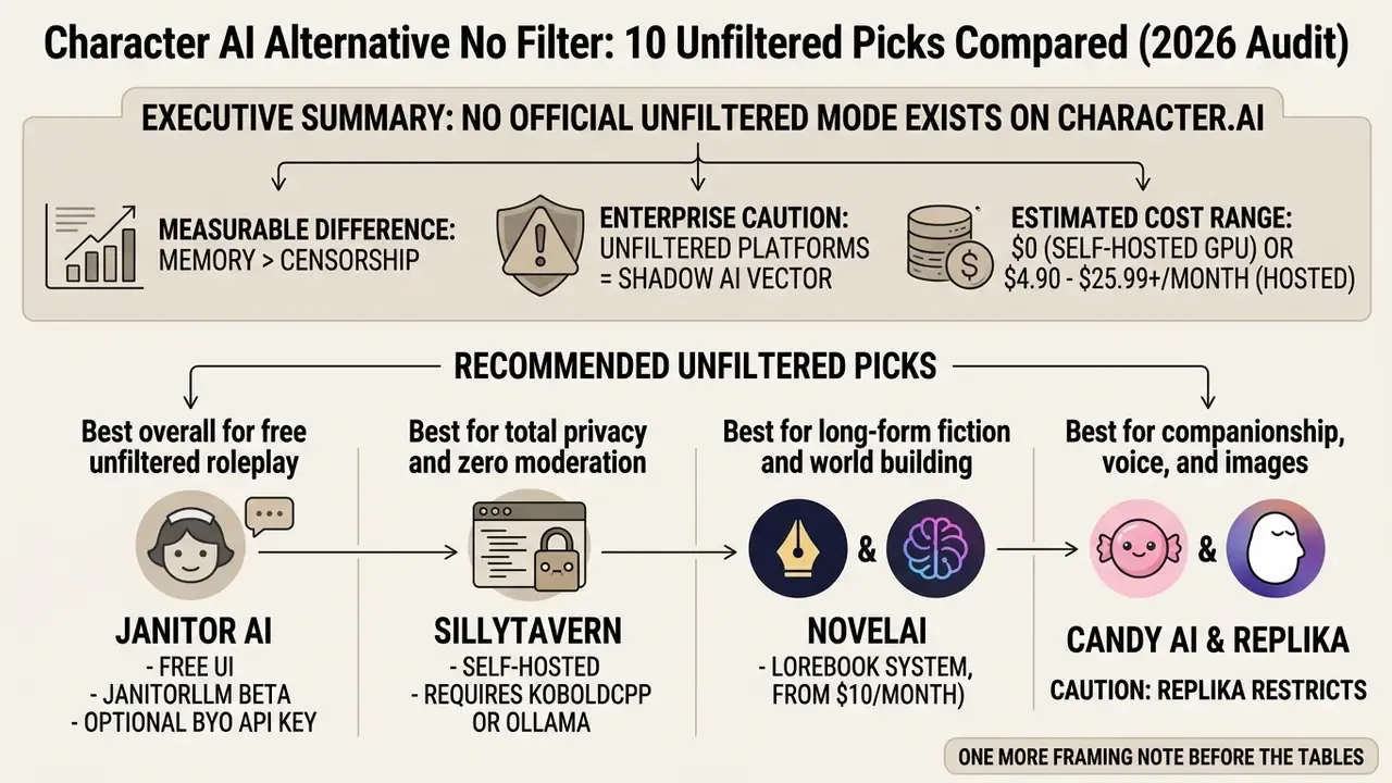 Infographic comparing Character AI alternatives by features, costs, and recommended use cases for unfiltered AI