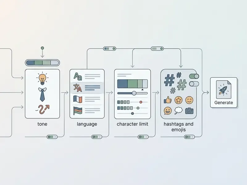Series of selectable parameter boxes for tone, language, character limit, and hashtags for AI image captioning