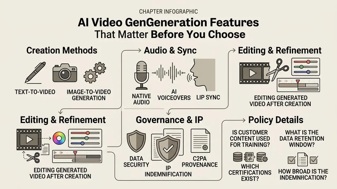 Diagram detailing key criteria for selecting AI video tools including creation methods and data governance