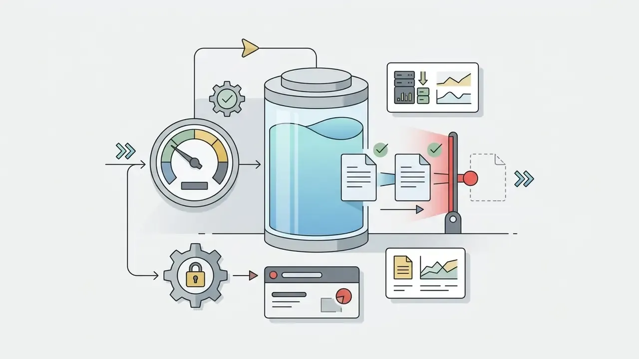 Central fluid tank representing resource levels with gauges and document processing icons