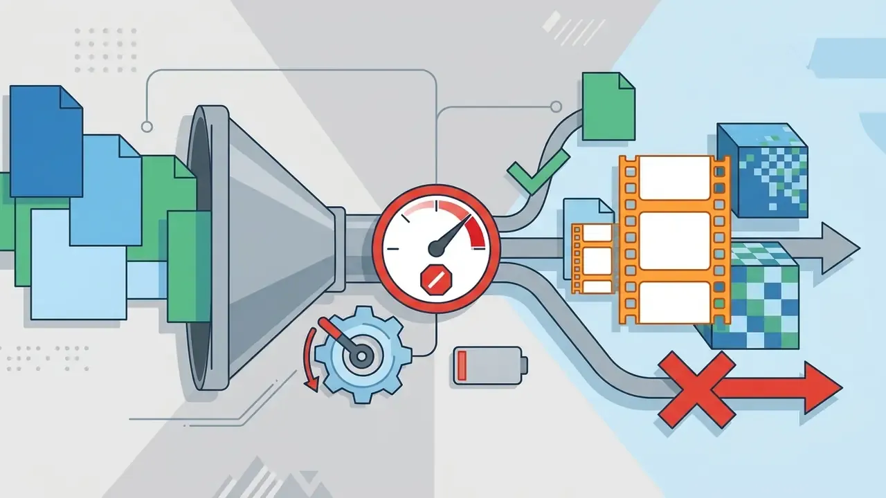 Documents entering a funnel and speed gauge that splits into successful data paths and blocked output