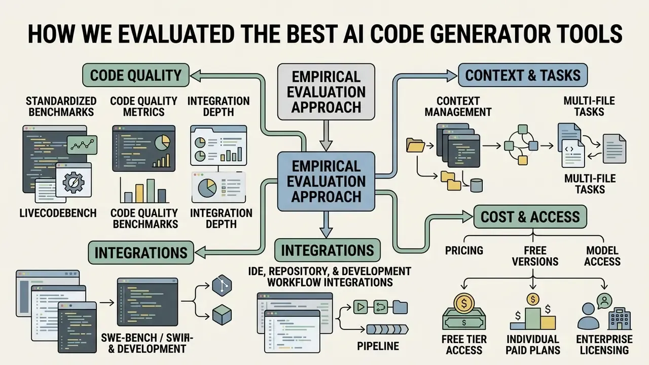 Diagram detailing criteria for evaluating the best AI code generator tools including quality and cost