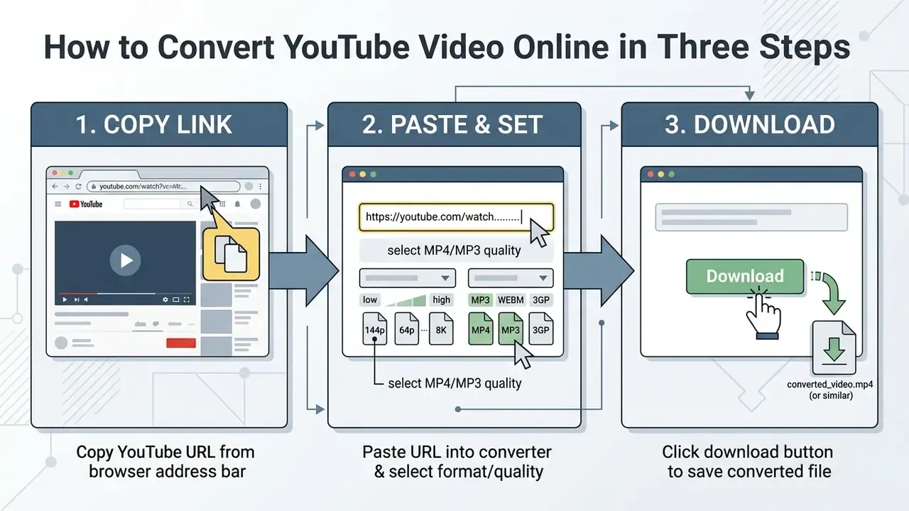 Three step diagram showing how to copy a URL, select file format and quality, and download the video