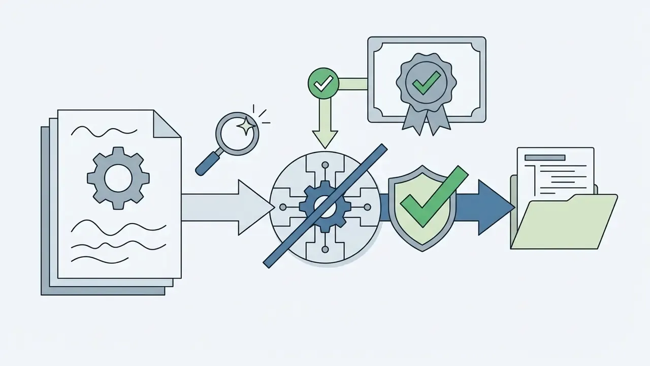 Document with a gear icon moving through a processor and shield to reach a folder with a certification