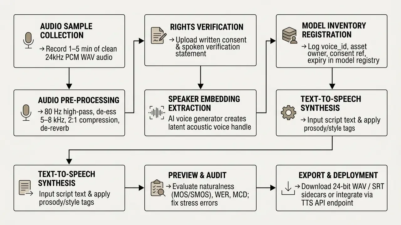 Flowchart showing the technical and legal pipeline to create your own AI voice from audio to deployment