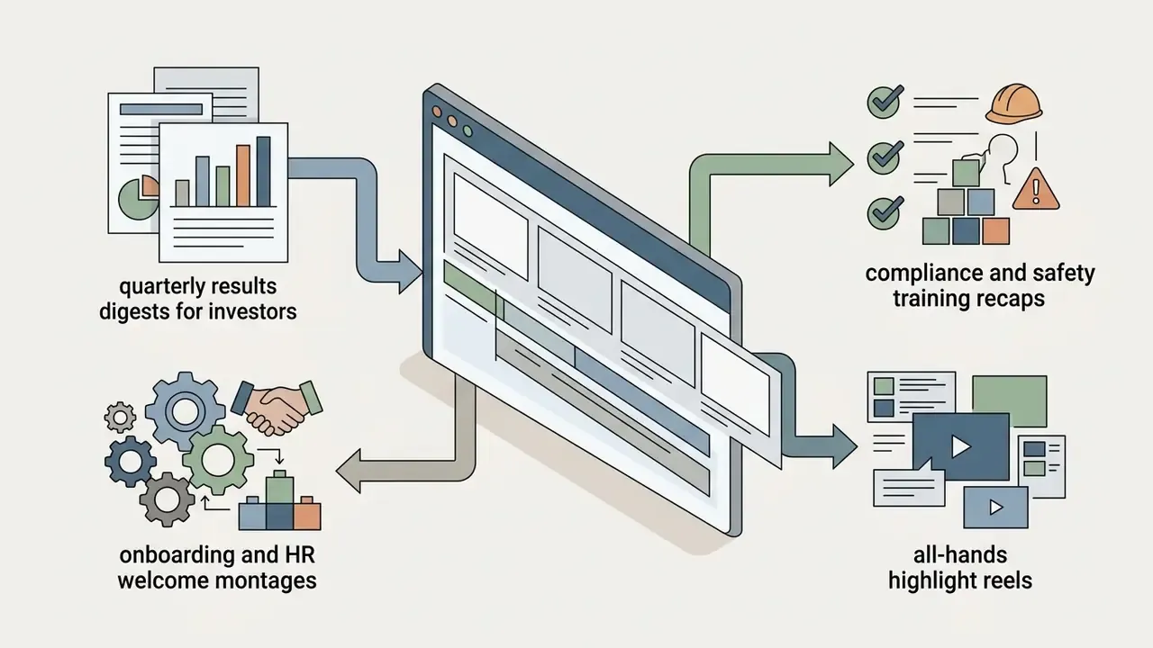 Business documents and HR icons flowing into a central video editor to create corporate project reels
